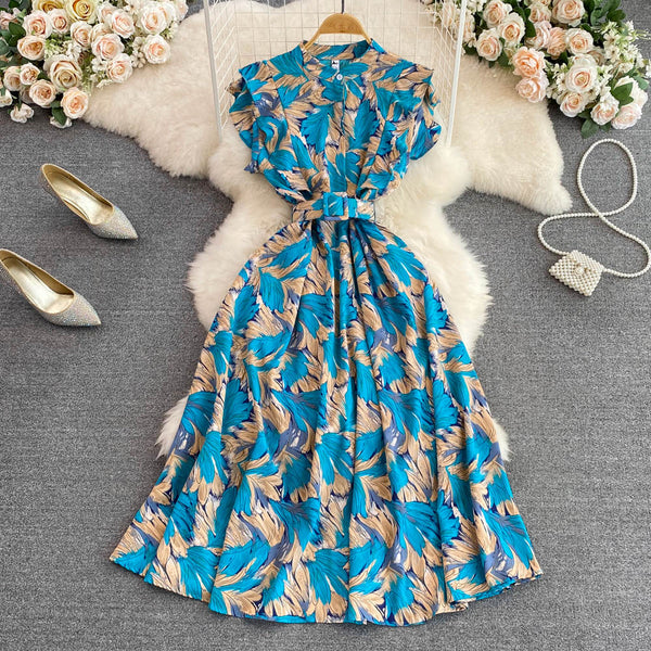 Stand Collar Floral Printed A-line Dress