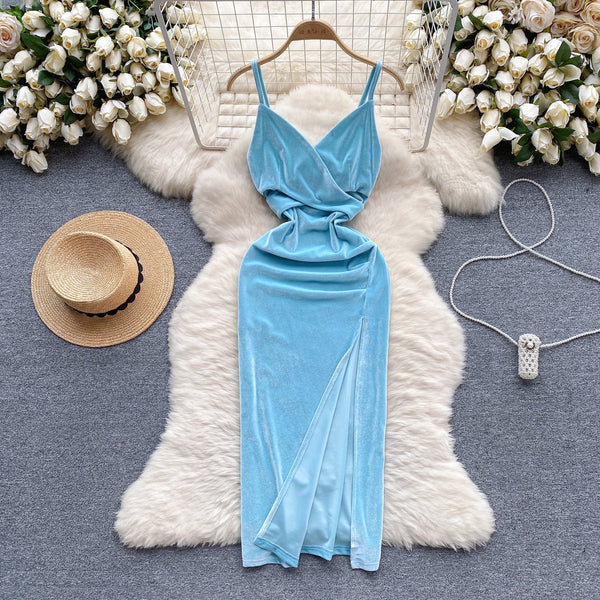 High-end Wathet Velvet Slip Dress