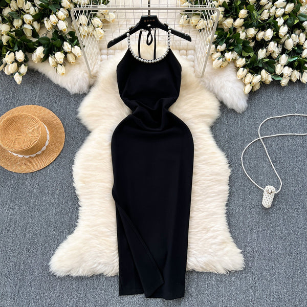 Simple Design Beaded Halter Dress