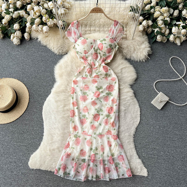 French Style Fishtail Floral Printed Dress