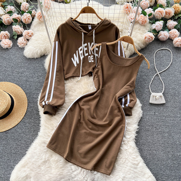 Letter Printed Hoodie&Halter Dress 2Pcs