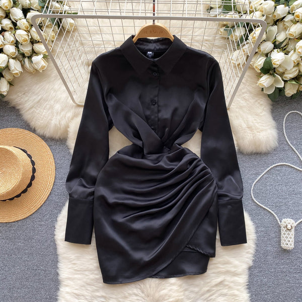 Casual Satin Pleated Shirt Dress