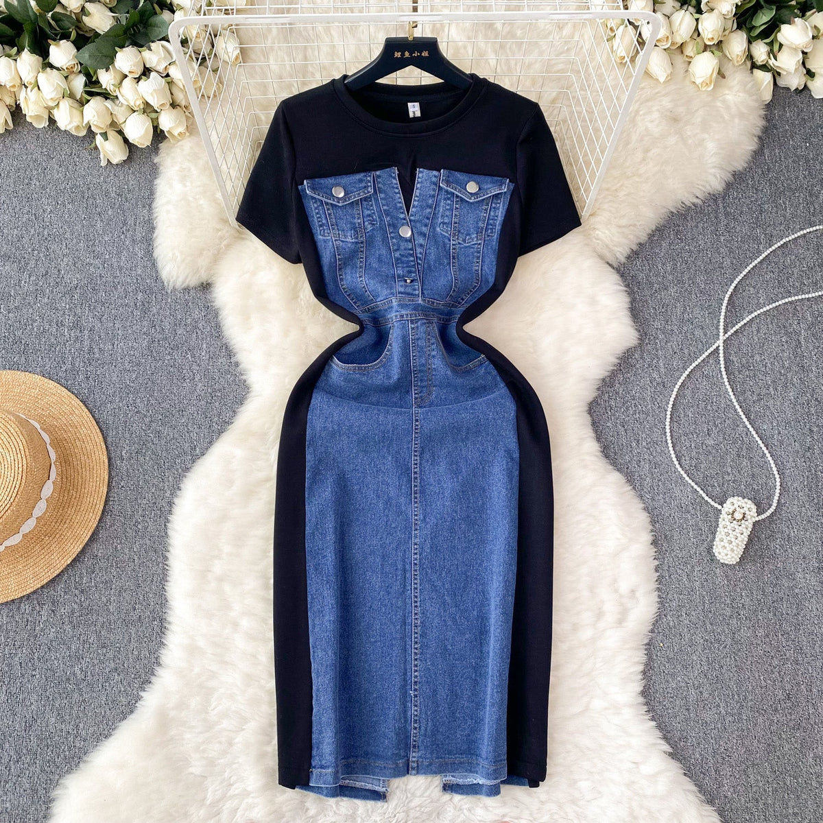 Round Collar Denim Patchwork Midi Dress