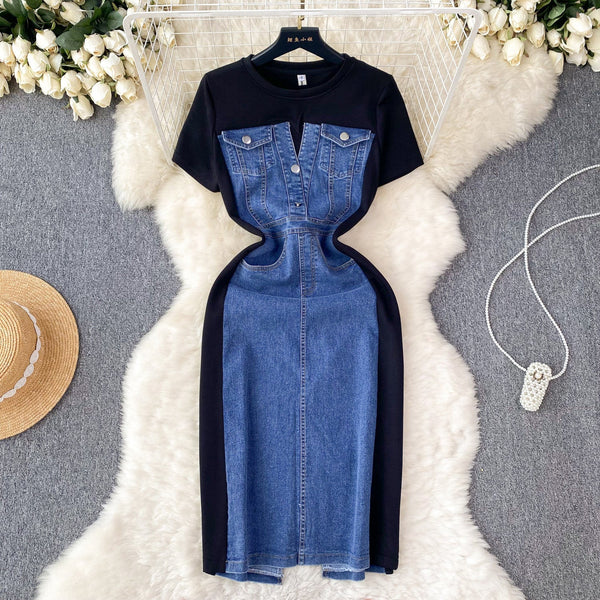 Round Collar Denim Patchwork Midi Dress