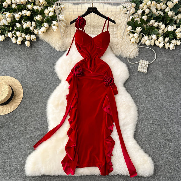 Vintage Red Velvet Ruffled Slip Dress