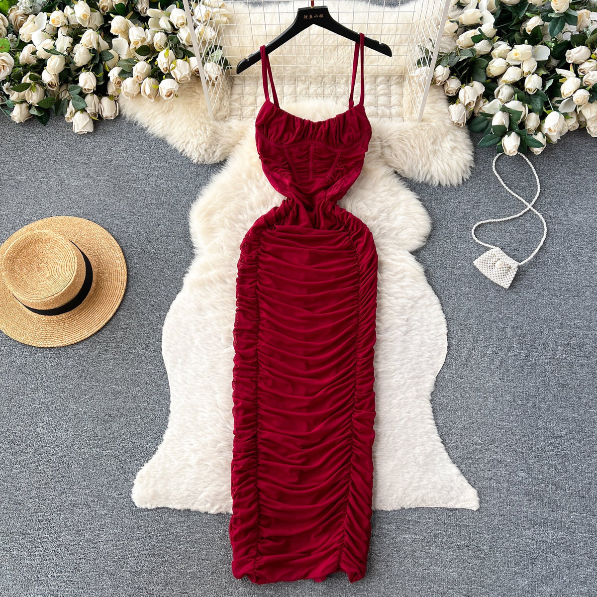 Solid Color Pleated Slip Dress