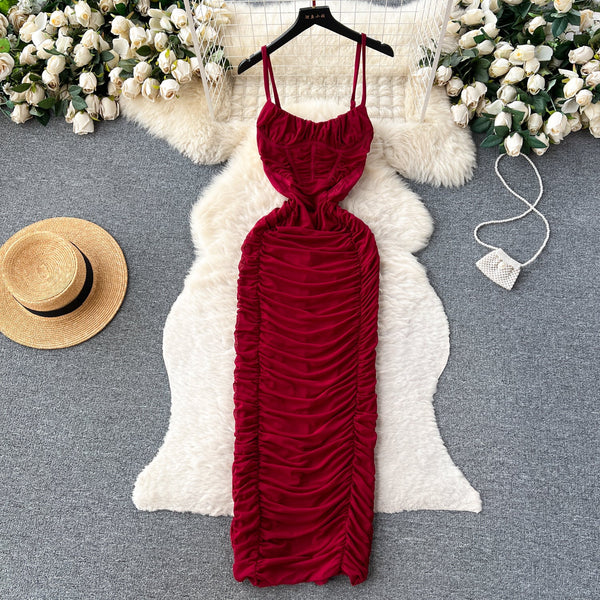 Solid Color Pleated Slip Dress