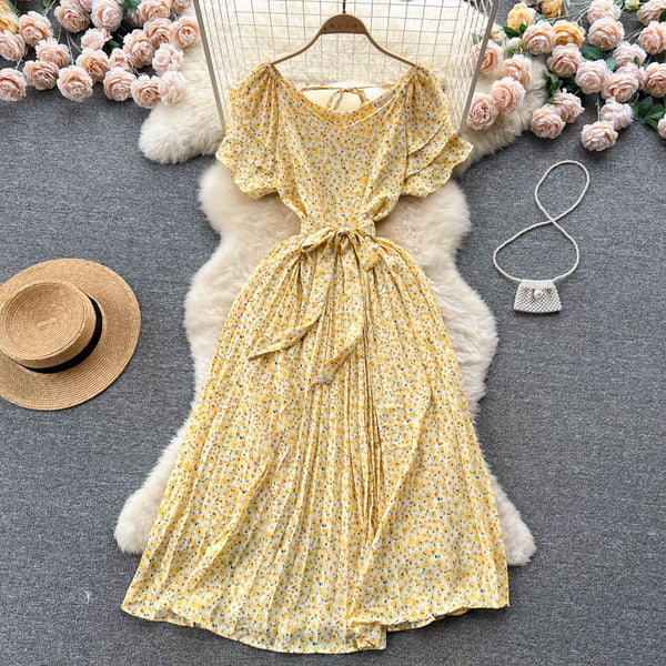 Fairy Pleated Lace-up Floral Dress