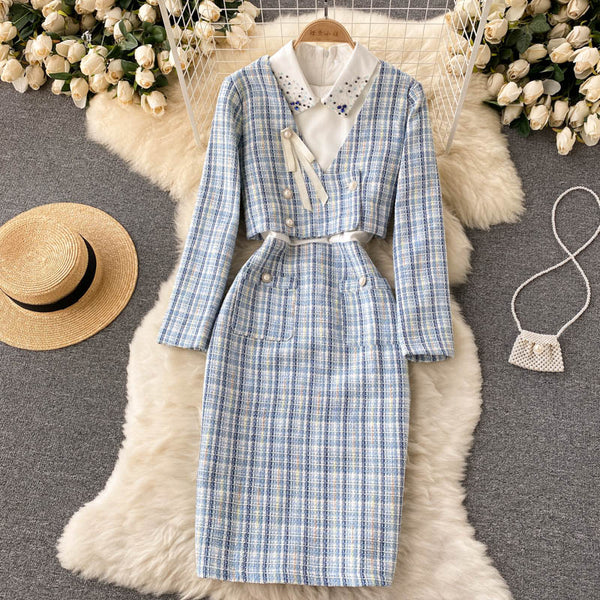 Plaid Beaded Cardigan&Tweed Dress 2PCs