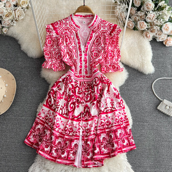Ethnic V-neck Celadon Printed Shirt Dress