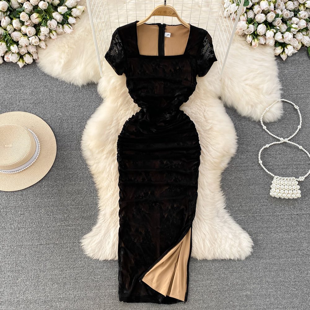 Square Collar Lace Patchwork Black Dress