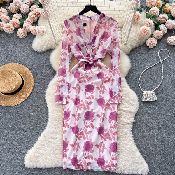 Vintage V-neck Long-sleeve Floral Dress