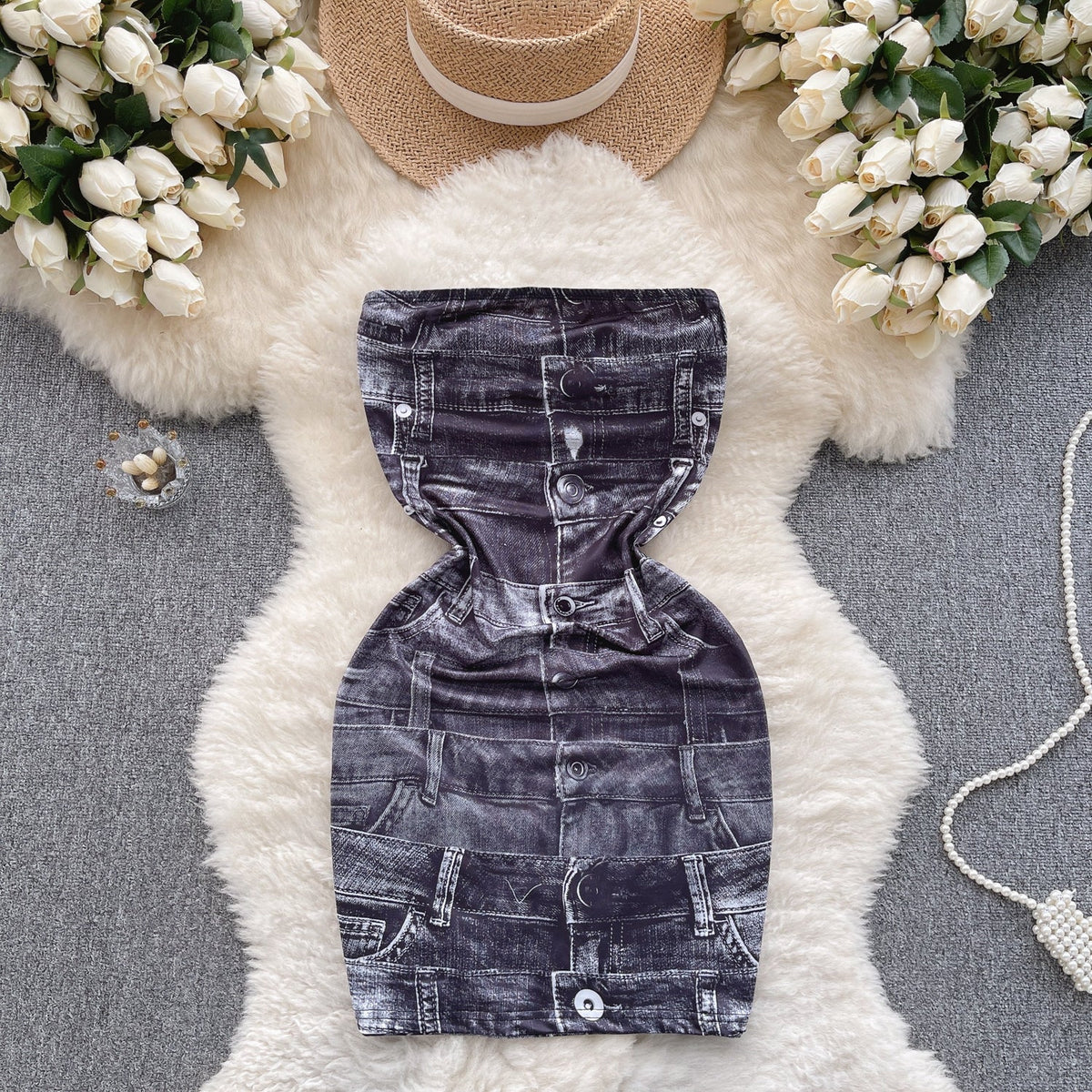 Niche Strapless Denim Printed Dress