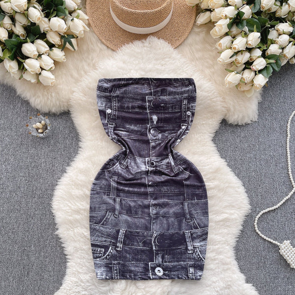 Niche Strapless Denim Printed Dress