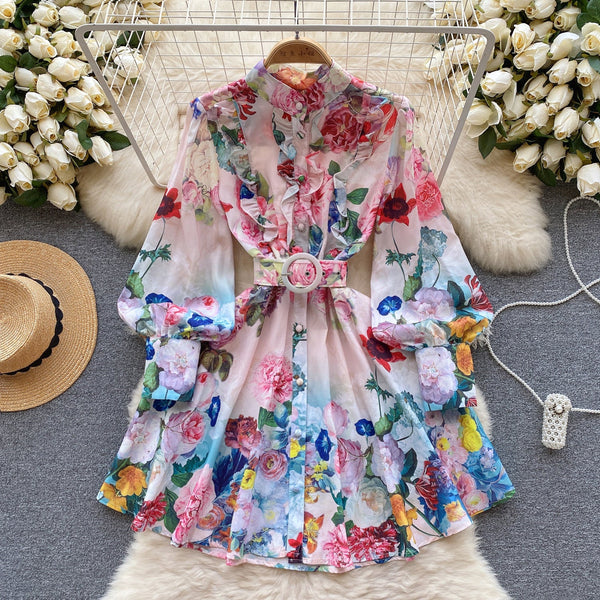 Vintage Ruffled Floral Shirt Dress