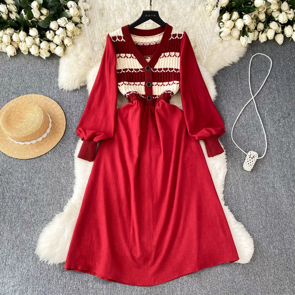 Vintage Striped Knit Patchwork Corduroy Dress