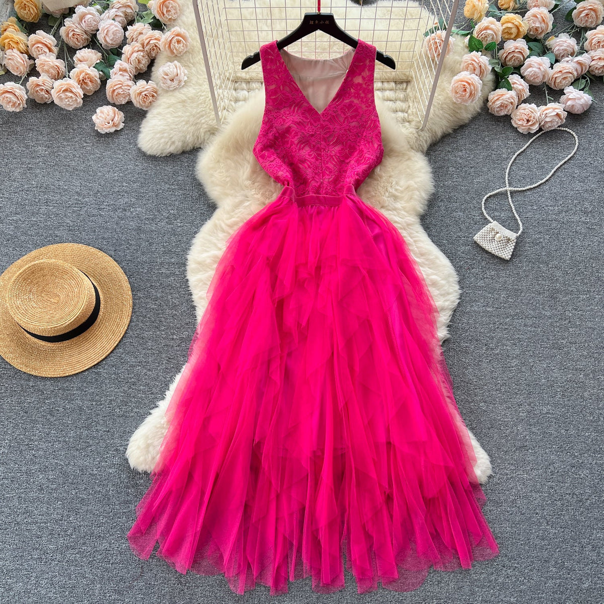 V-neck Mesh Patchwork Puffy Dress