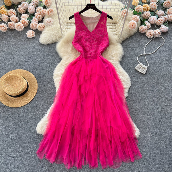 V-neck Mesh Patchwork Puffy Dress