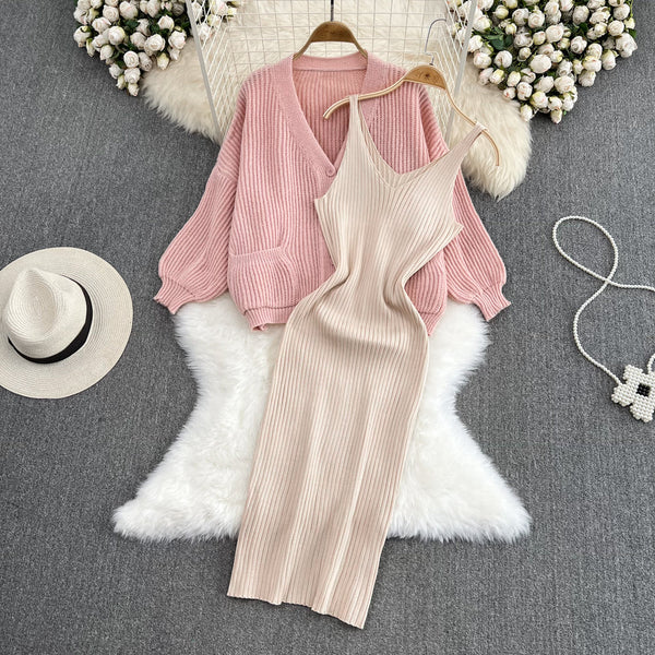 Loose Cardigan&Slip Dress Knitted 2Pcs