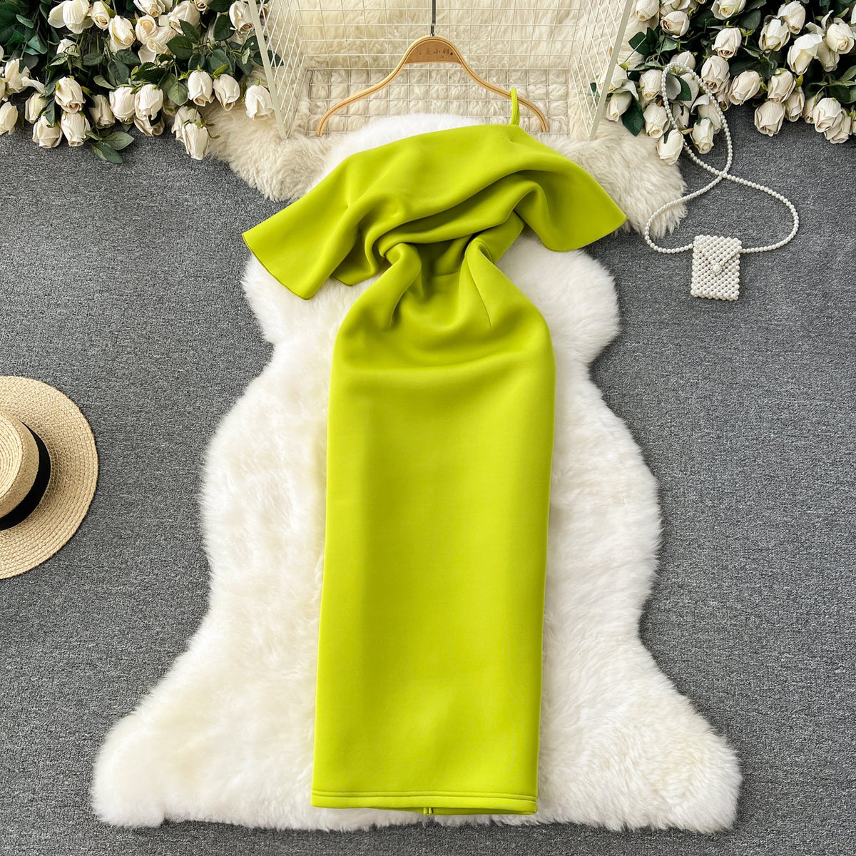 Slant Neckline Ruffled Green Dress
