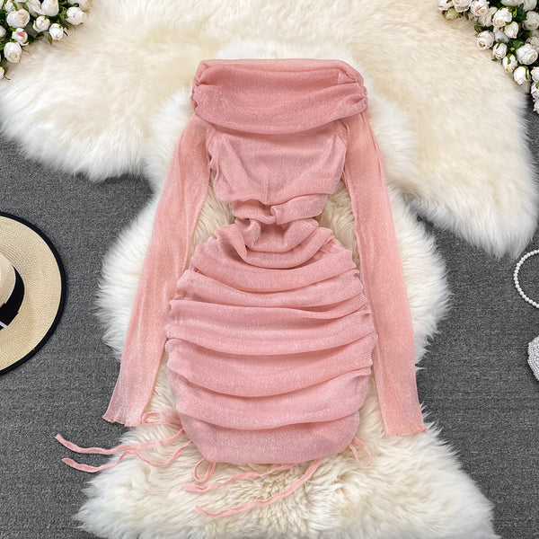 Off-shoulder Ruffled Drawstring Mesh Dress