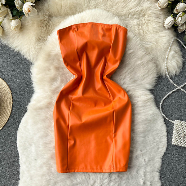 Orange PU Leather Backless Sheath Dress