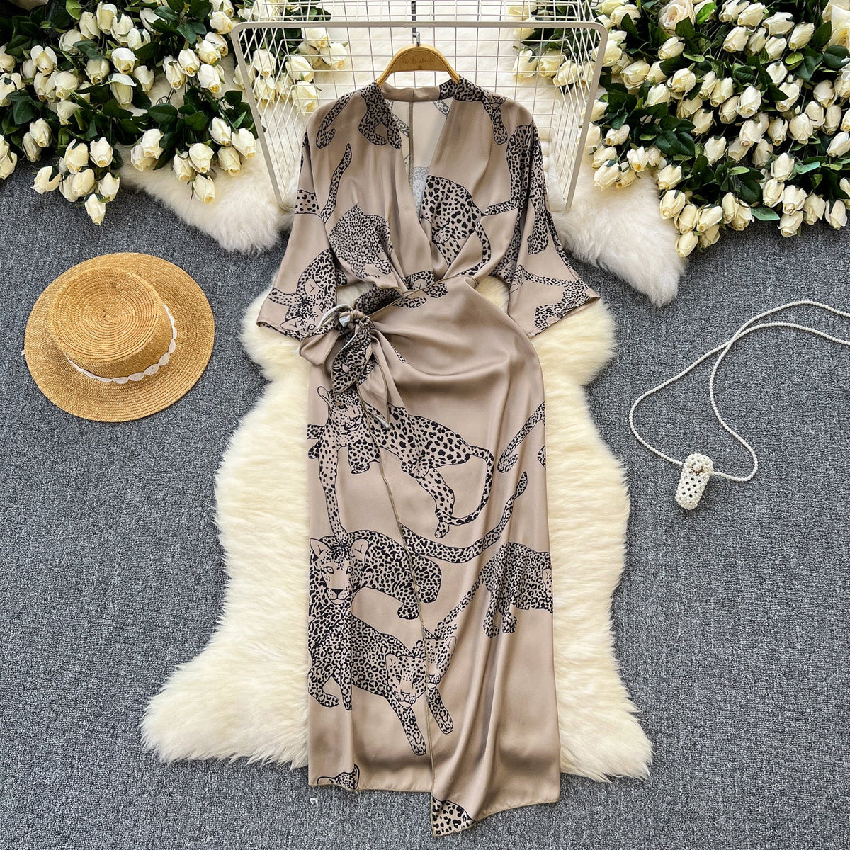 Leopard Printed Lace-up Satin Dress