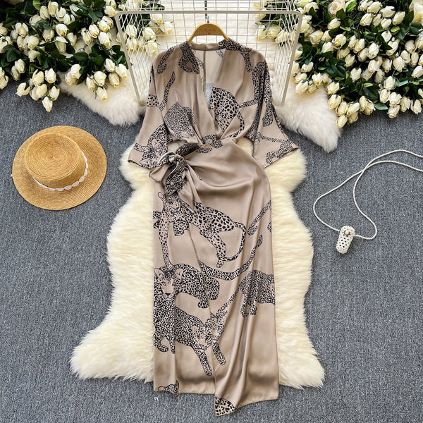 Leopard Printed Lace-up Satin Dress
