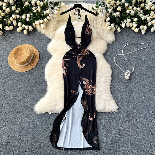 Low-cut Black Floral Halter Dress