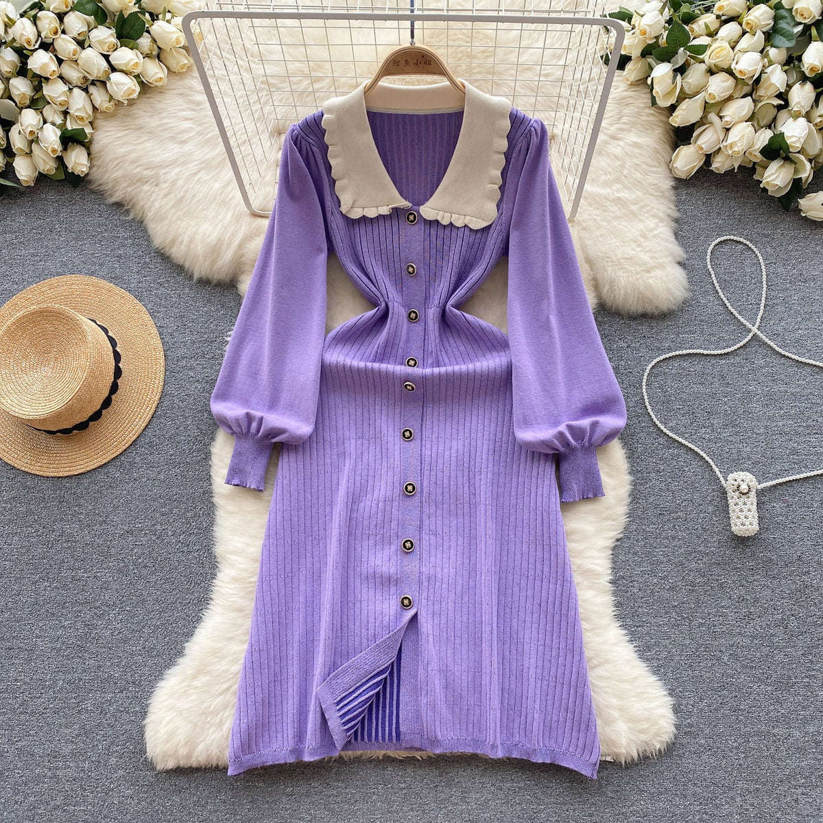 Doll Collar Single-breasted Knitted Dress