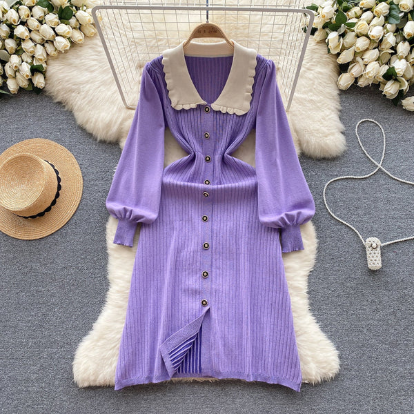 Doll Collar Single-breasted Knitted Dress