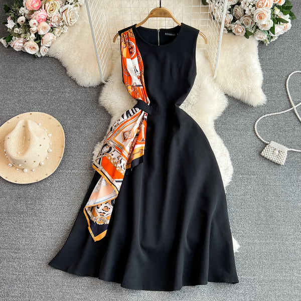 Vintage A-line Floral Ribbon Black Dress