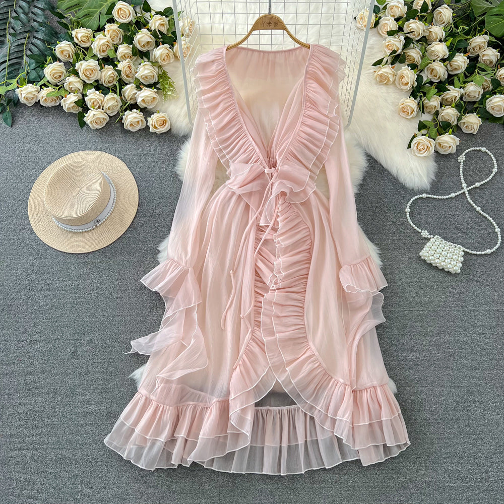 Fairy Deep V-neck Ruffled Mesh Dress
