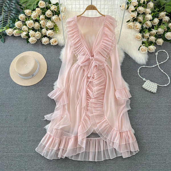 Fairy Deep V-neck Ruffled Mesh Dress