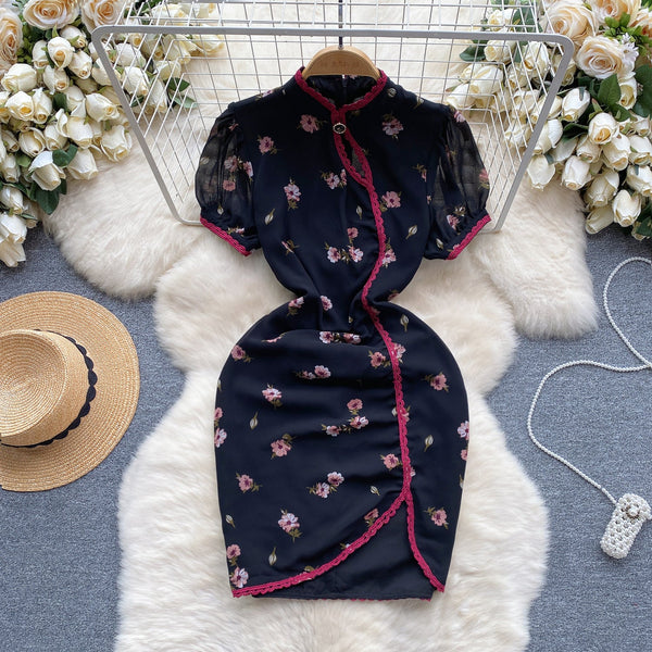 Sweetie Lace Trim Floral Cheongsam