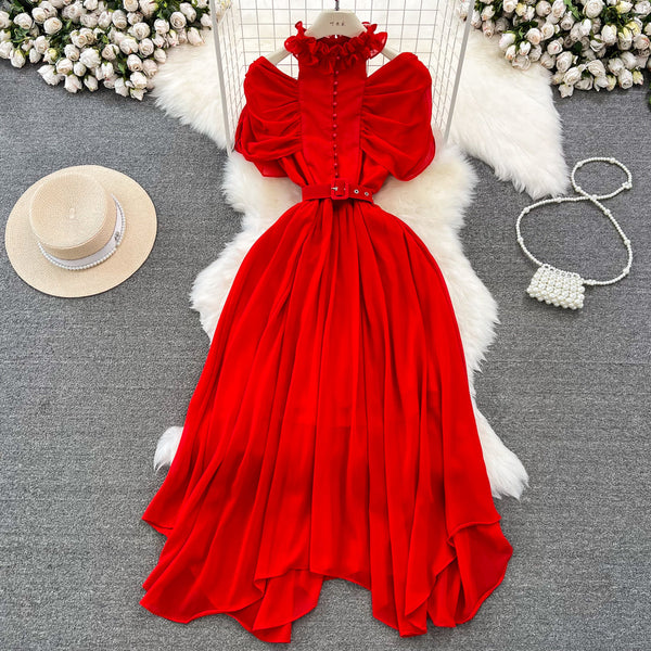 Stand collar Ruffled Chiffon Dress
