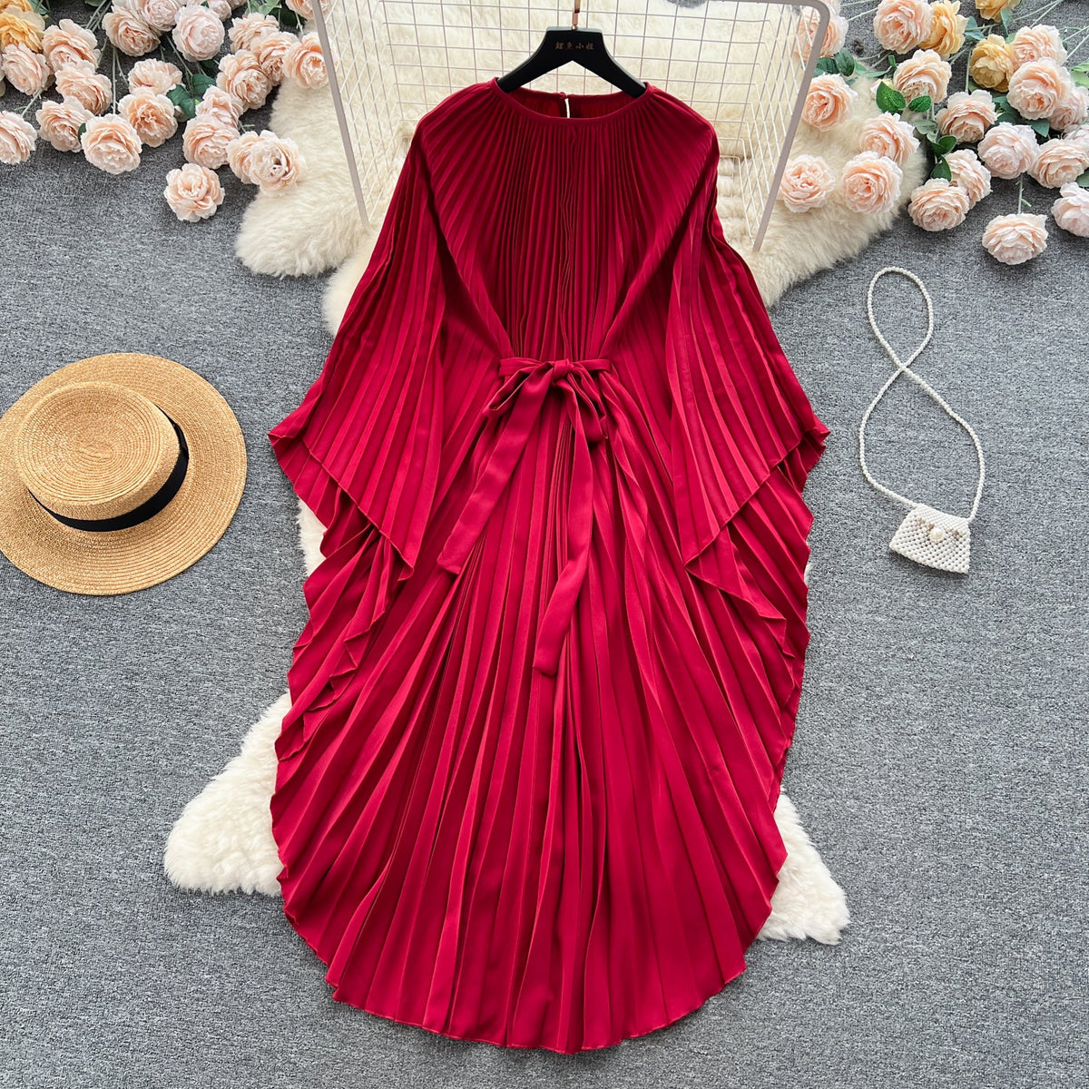 Solid Color Lace-up Pleated Dress