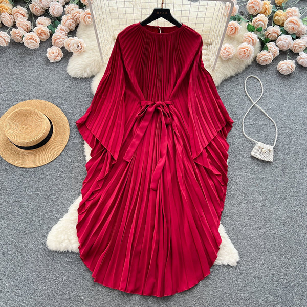 Solid Color Lace-up Pleated Dress