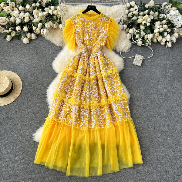 Lace Patchwork Mesh Floral Puffy Dress