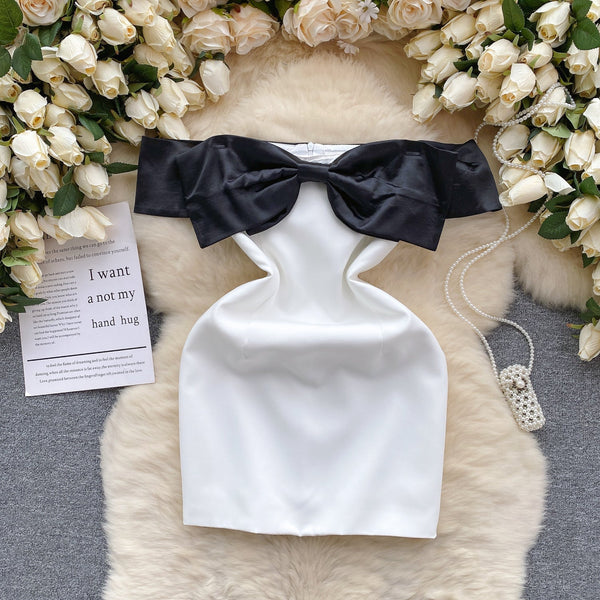 Off-shoulder Black Bow White Dress