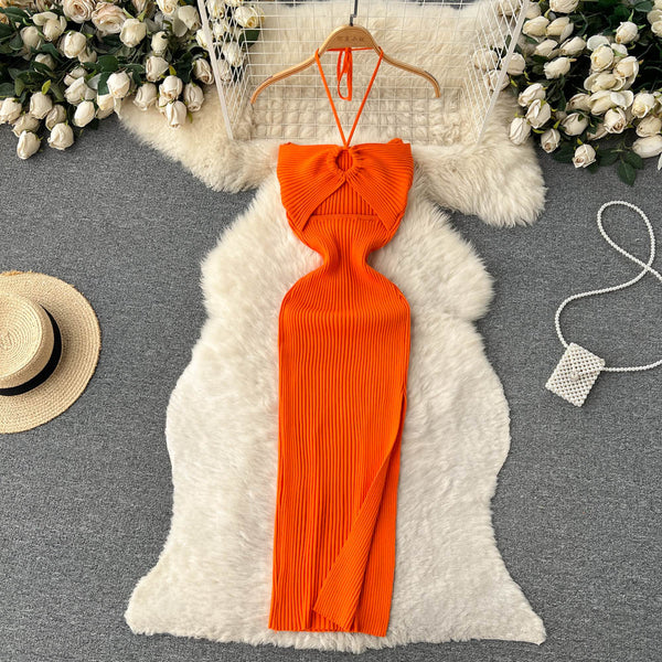 Openwork Backless Knitted Halter Dress
