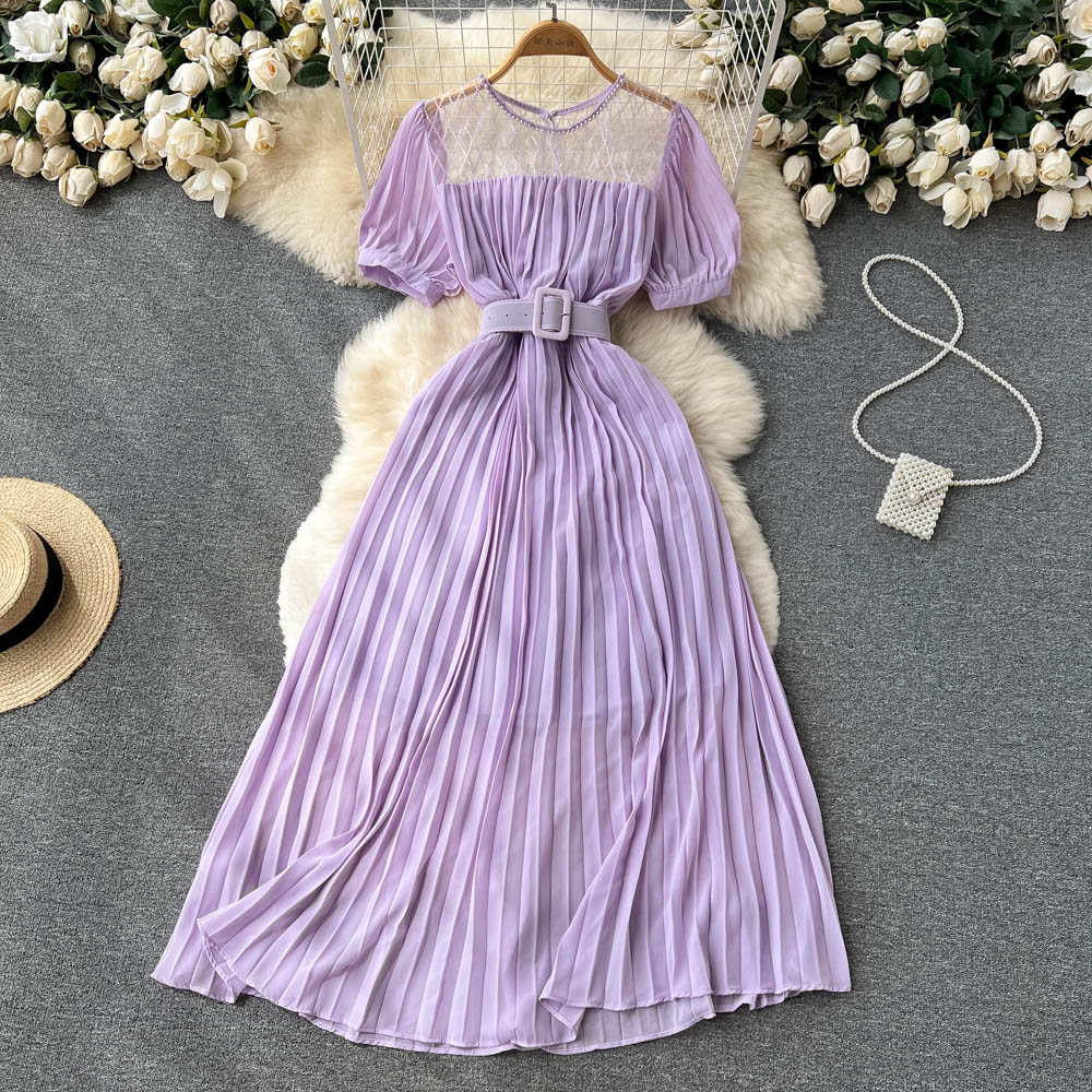 High Waist Tied Chiffon Pleated Dress
