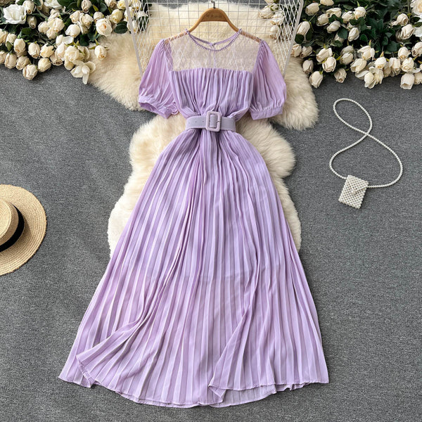 High Waist Tied Chiffon Pleated Dress