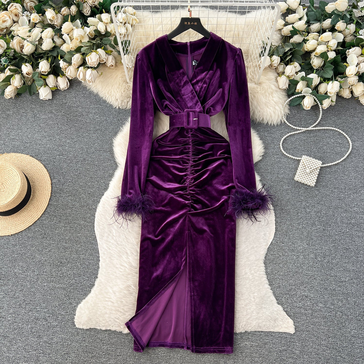V-neck Slim-fitting Suede Split Dress