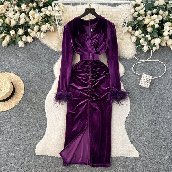 V-neck Slim-fitting Suede Split Dress