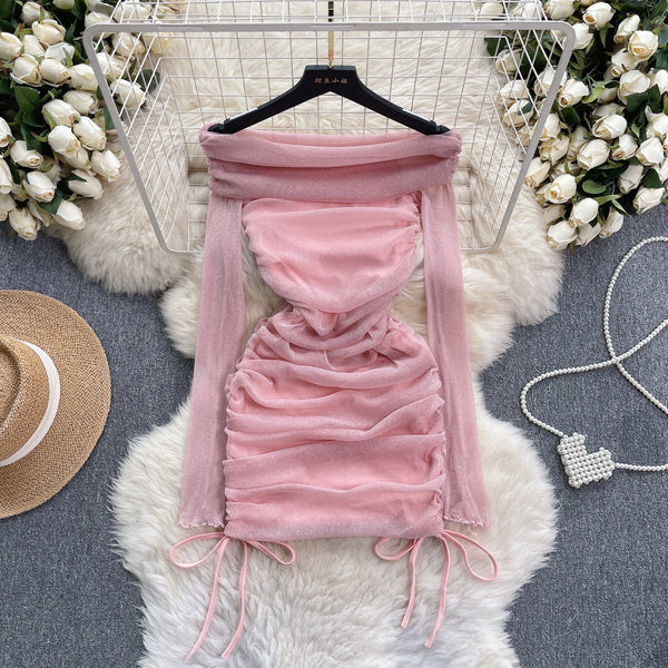 Off-shoulder Pleated Mesh Patchwork Dress