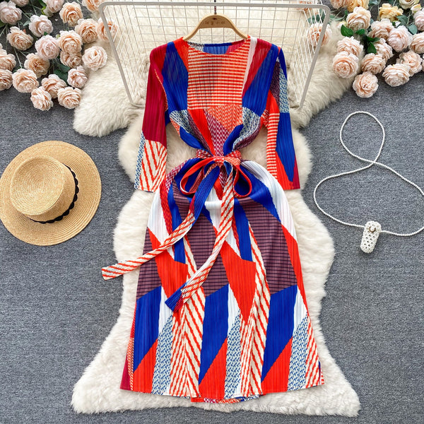 Crew Neck Lace-up Printed Dress