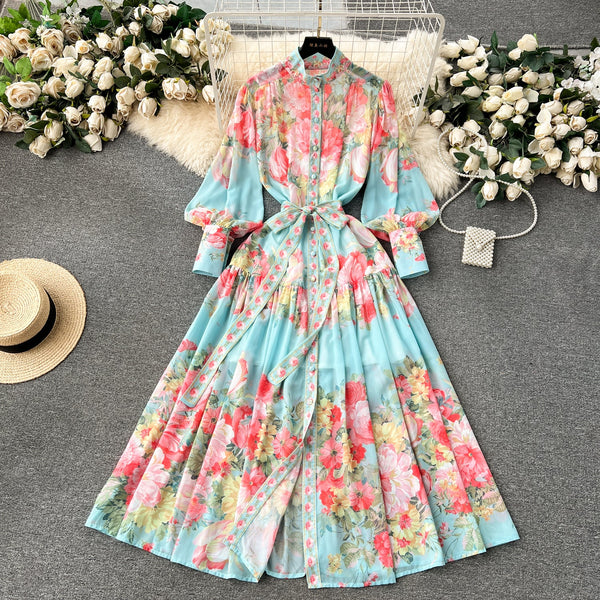 Courtly Lace-up Floral Shirt Dress
