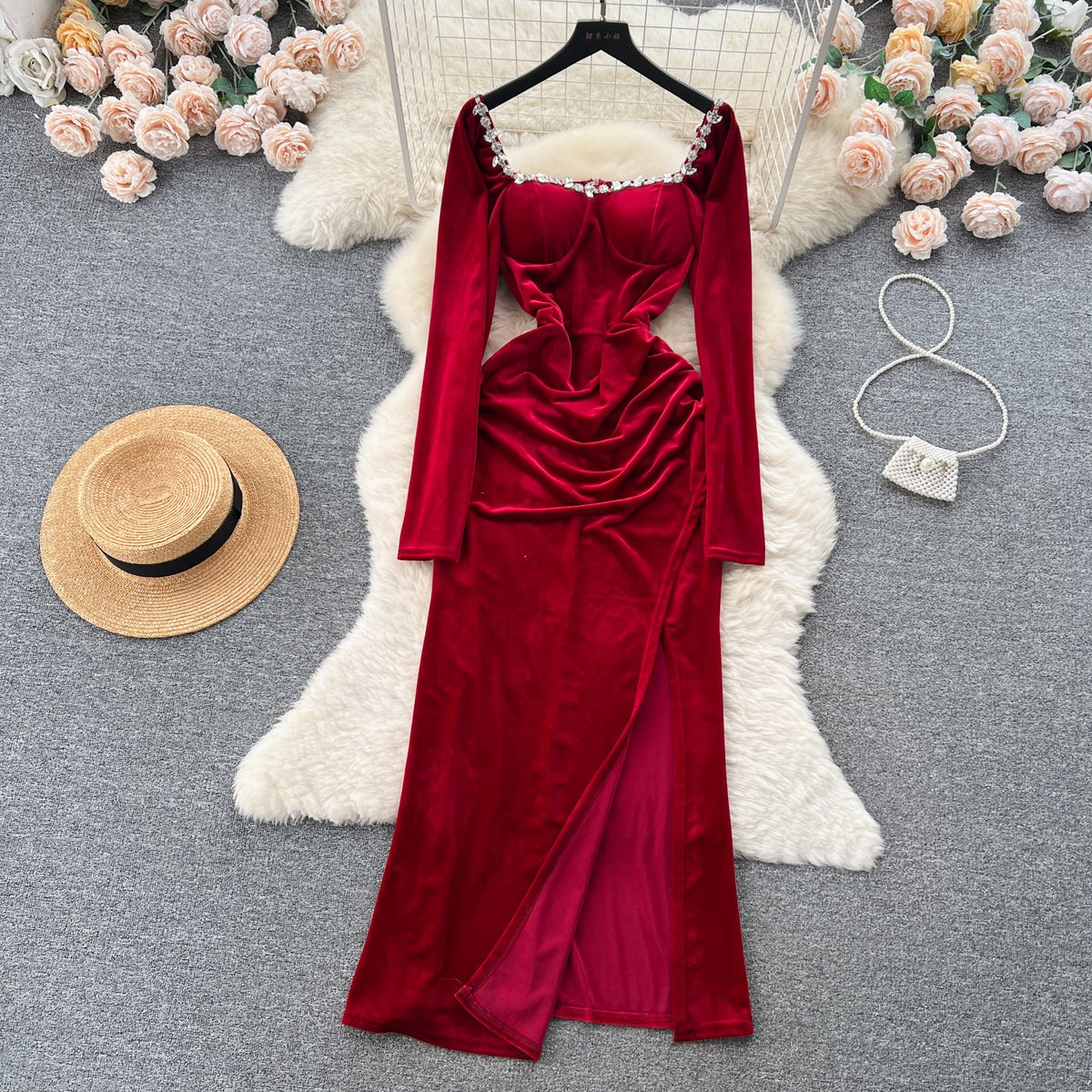 Vintage Rhinestone Studded Split Dress