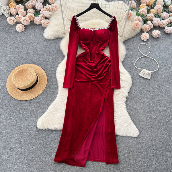 Vintage Rhinestone Studded Split Dress